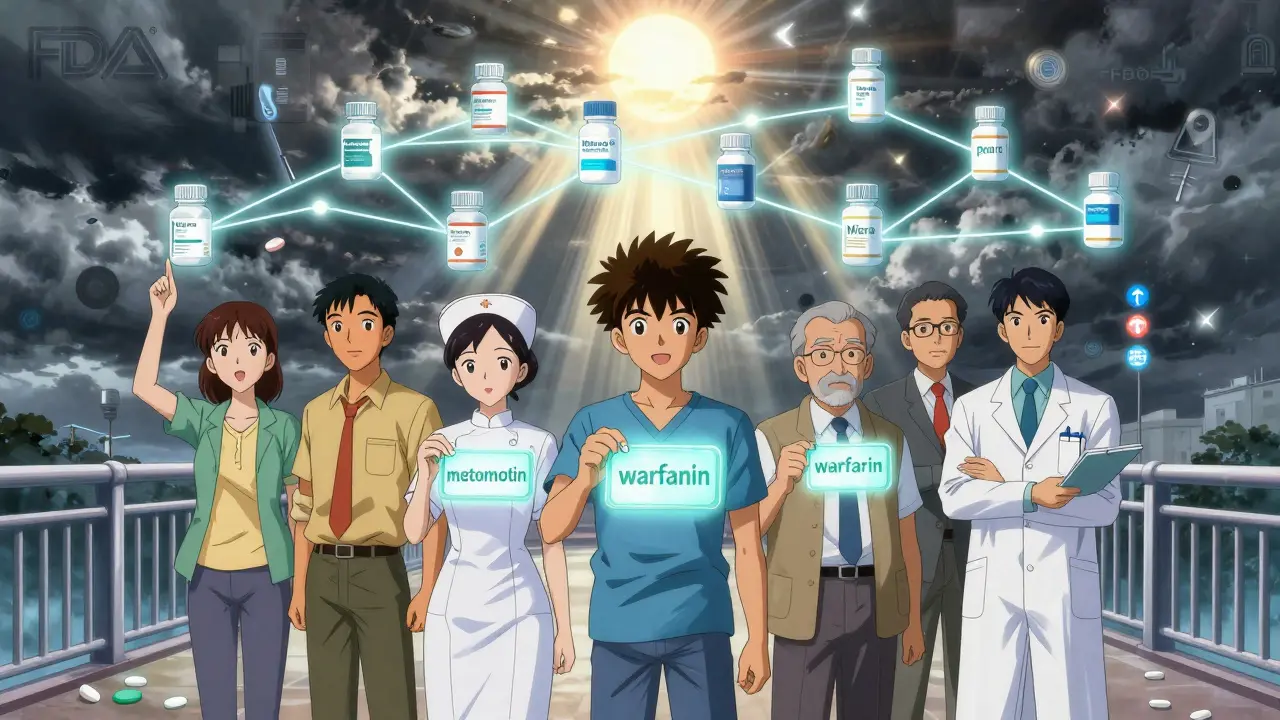 Diverse group holding keyword tags that form a glowing web of safety, FDA logo shining above them in radiant light.