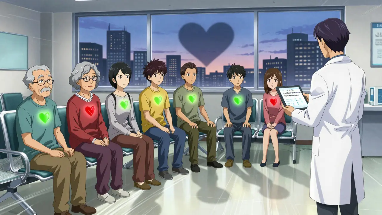 Diverse patients in clinic with glowing heart risk indicators, doctor showing personalized risk score on tablet.