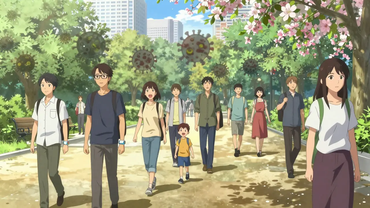 Diverse people walk in a sunlit park, their viral shadows dissolving into blossoms as they live freely.