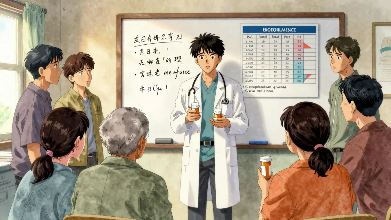 Doctor and diverse patients gather around a whiteboard with FDA bioequivalence infographic, expressions of trust and understanding.