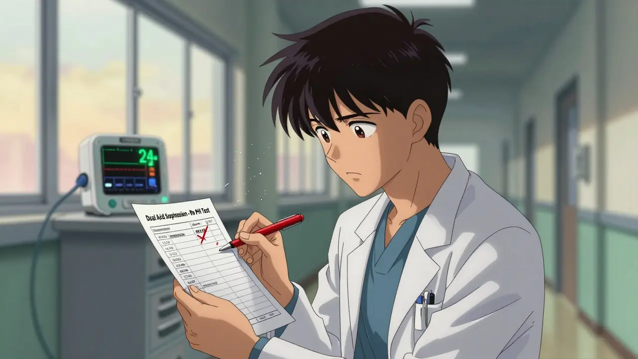 Doctor contemplating crossing out H2 blocker prescription with pH monitor in background