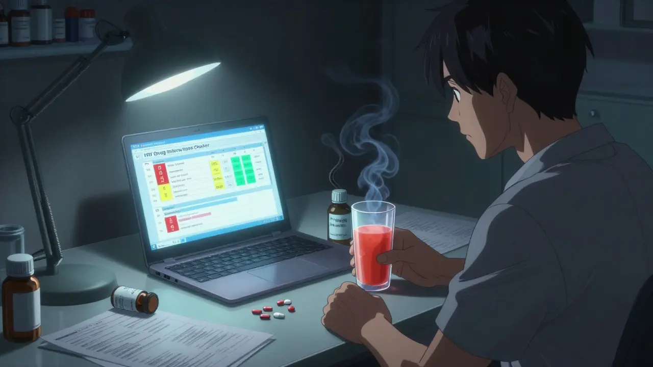 Doctor reviewing a drug interaction checker at night while patient holds grapefruit juice and herbal supplements emitting dark smoke toward antiviral pills.