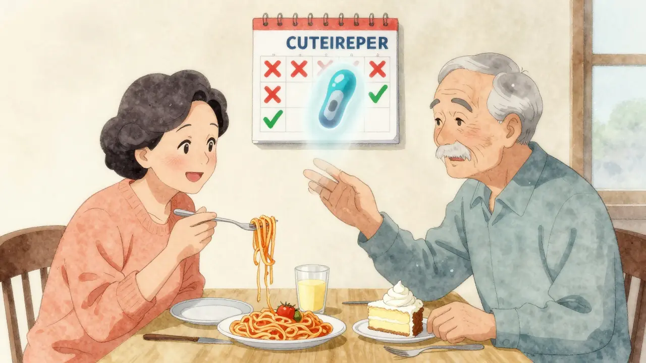 Elderly couple at dinner, one eating low-protein pasta while another pauses before cake with a protein symbol above it.