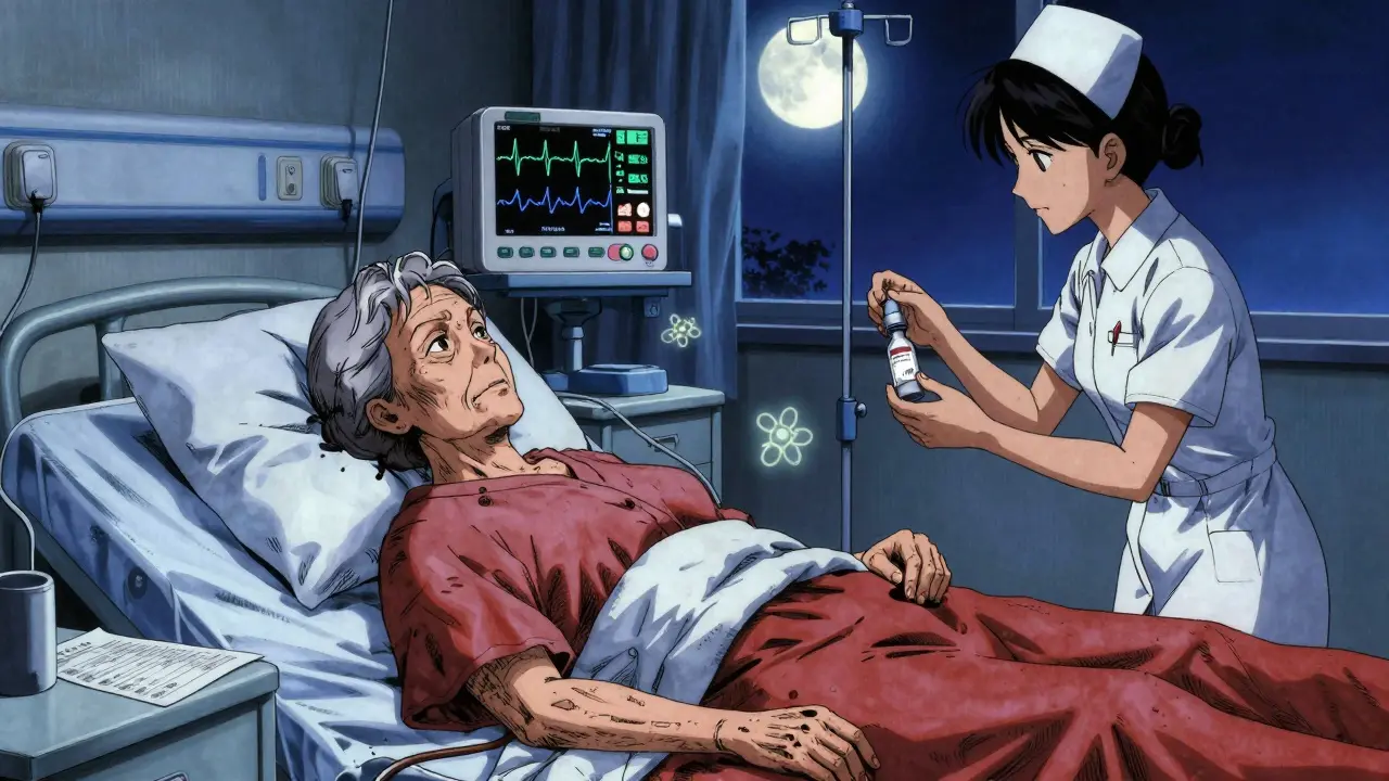 Elderly woman in hospital bed with ECG showing prolonged QT interval, nurse administering IV potassium.