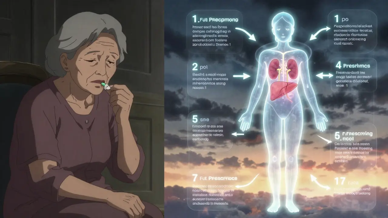 Elderly woman with a transparent overlay of critical drug safety sections glowing around her.