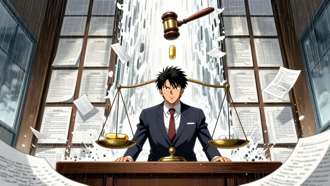 Generic manufacturer facing a wall of hundreds of patent documents in a courtroom.