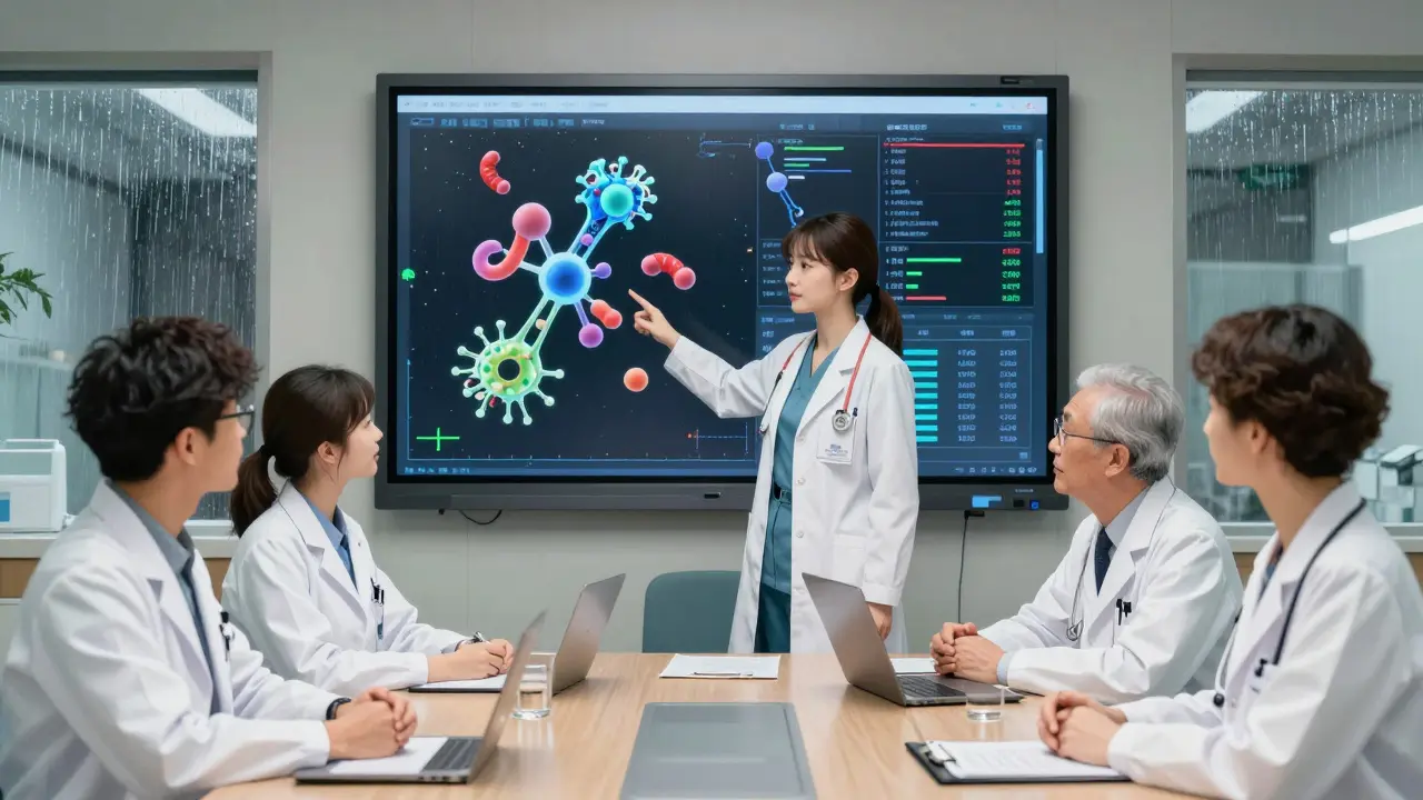 Healthcare team learning together in a hospital room, viewing biosimilar data on a screen.