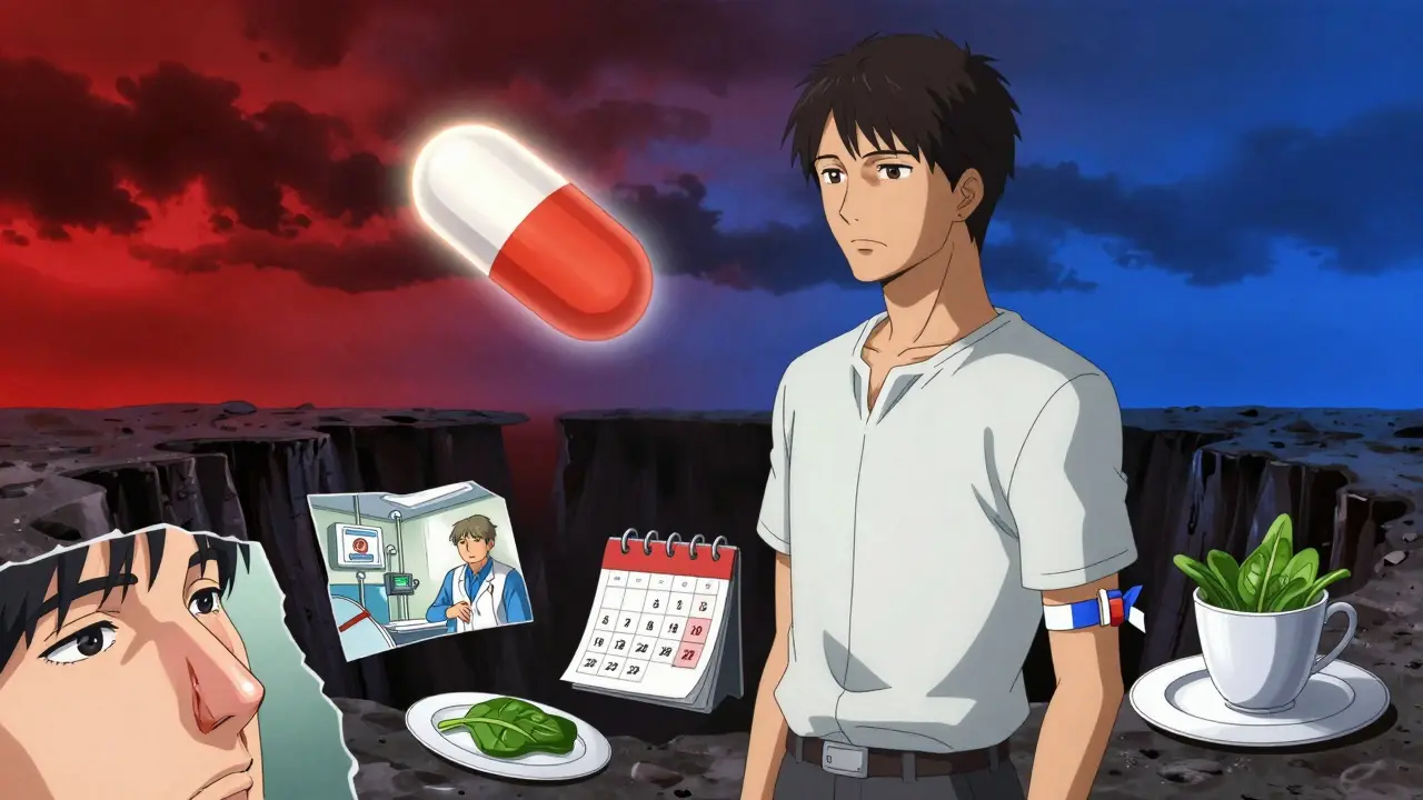 Man at edge of abyss with warfarin and DOAC pills above, scenes of bleeding and INR checks below.