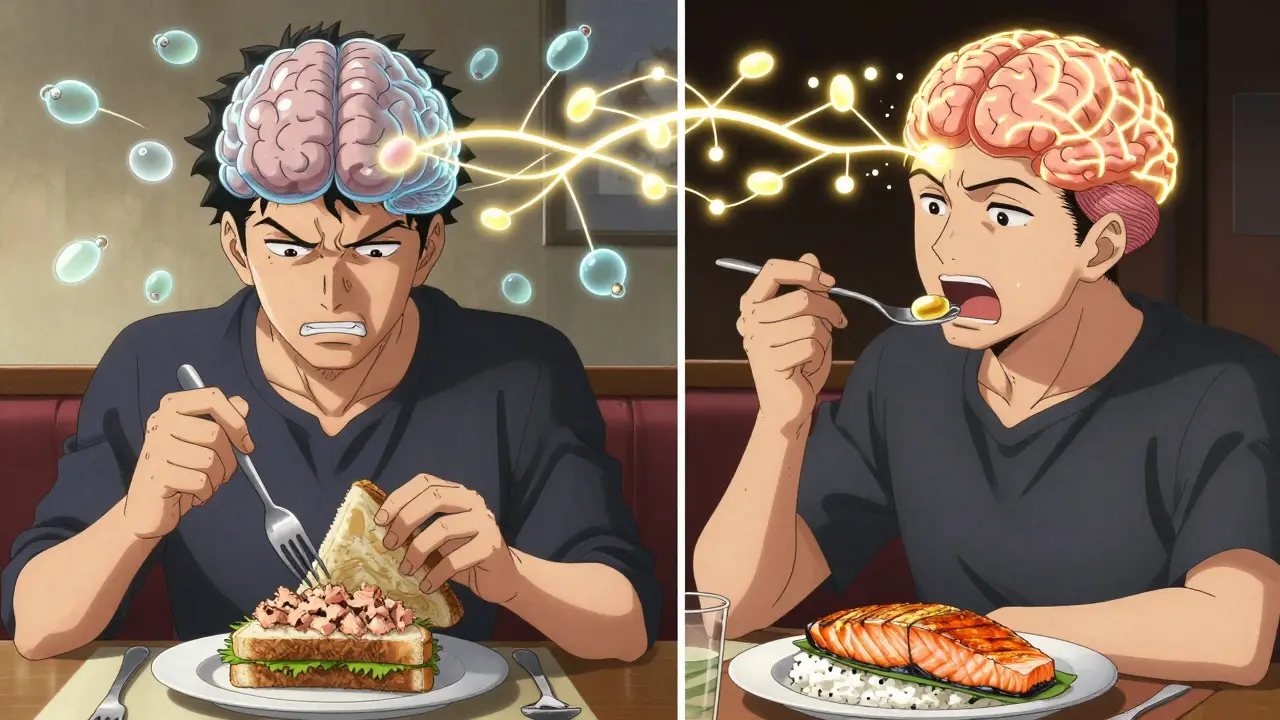 Man at lunch hesitating over high-protein food while levodopa molecules compete with amino acids in his brain.