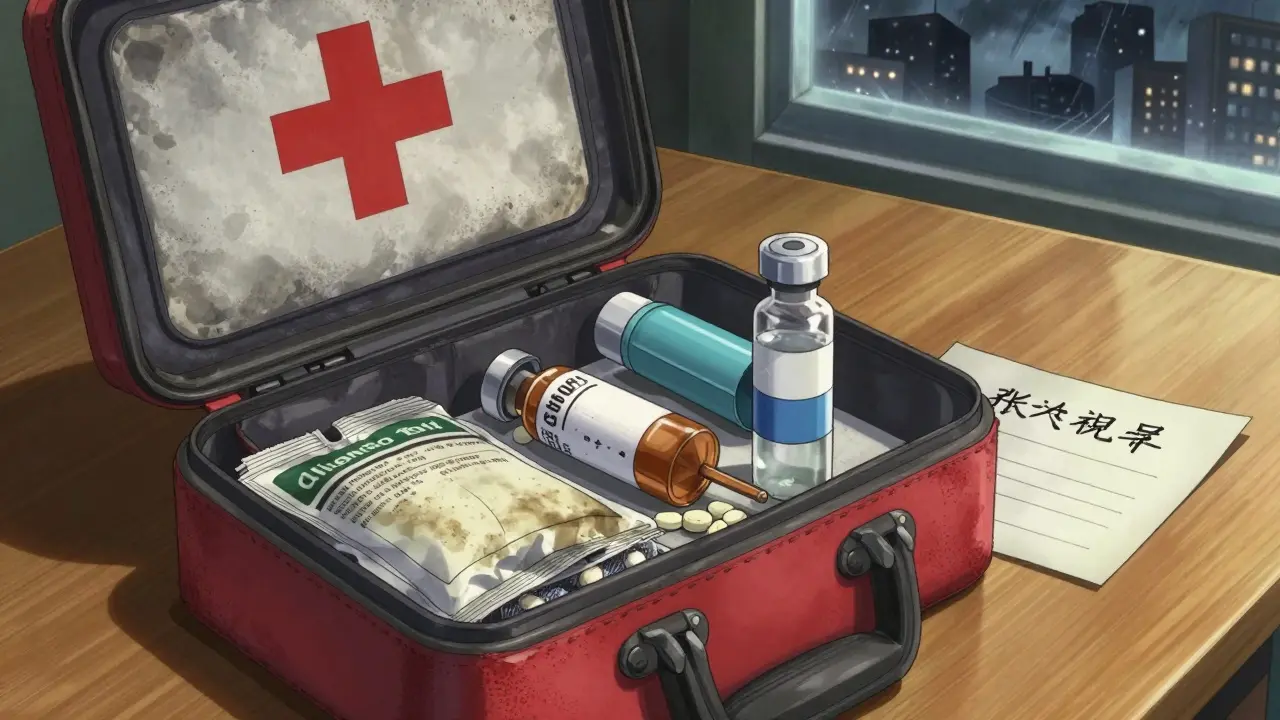 Open emergency kit with expired pills and handwritten note under lamplight.