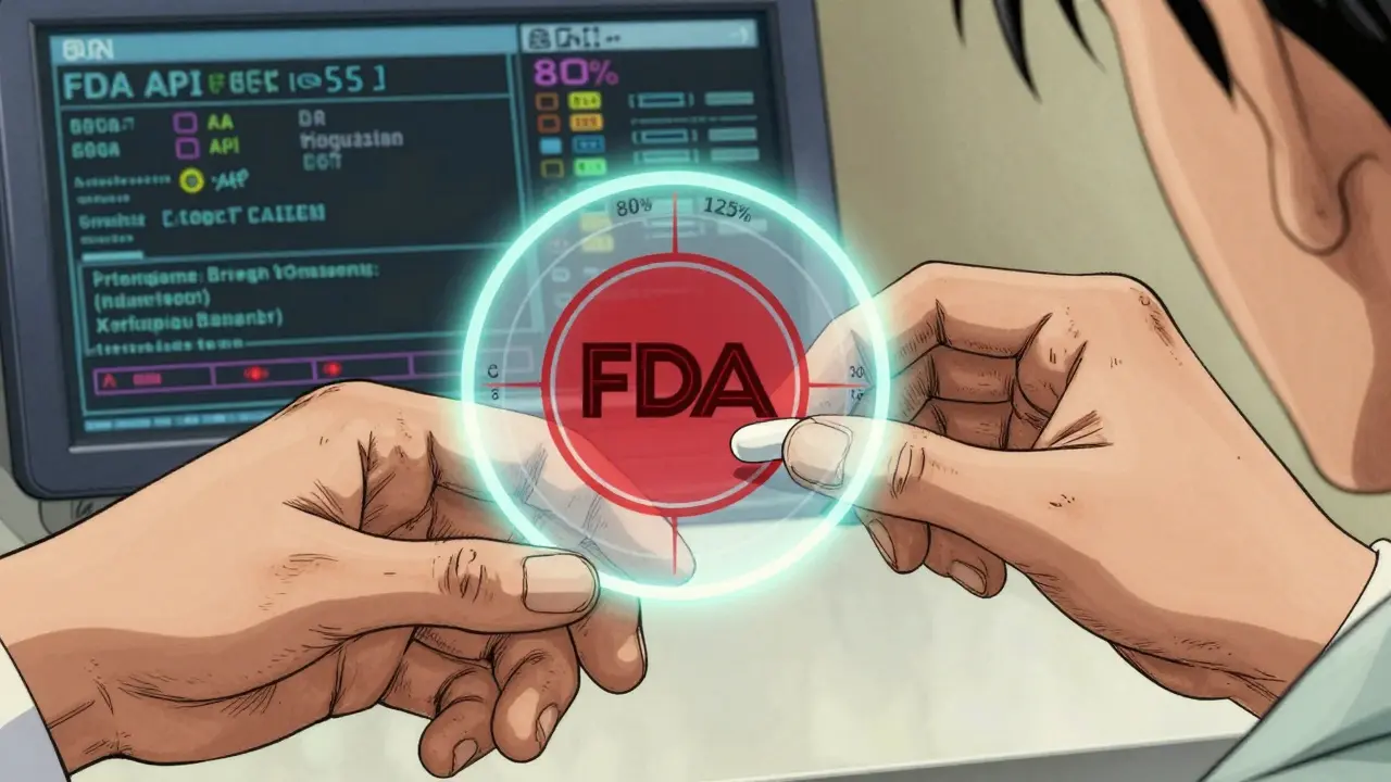 Patient's hand receiving generic pill with glowing bioequivalence range overlay, FDA API alert visible on EHR screen in background.