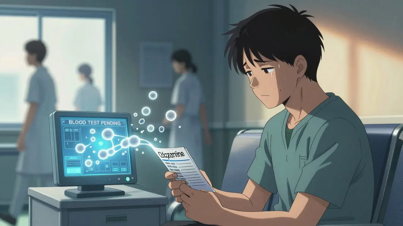 Patient in hospital waiting room, clutching medication guide as white blood cells fade from a digital monitor.