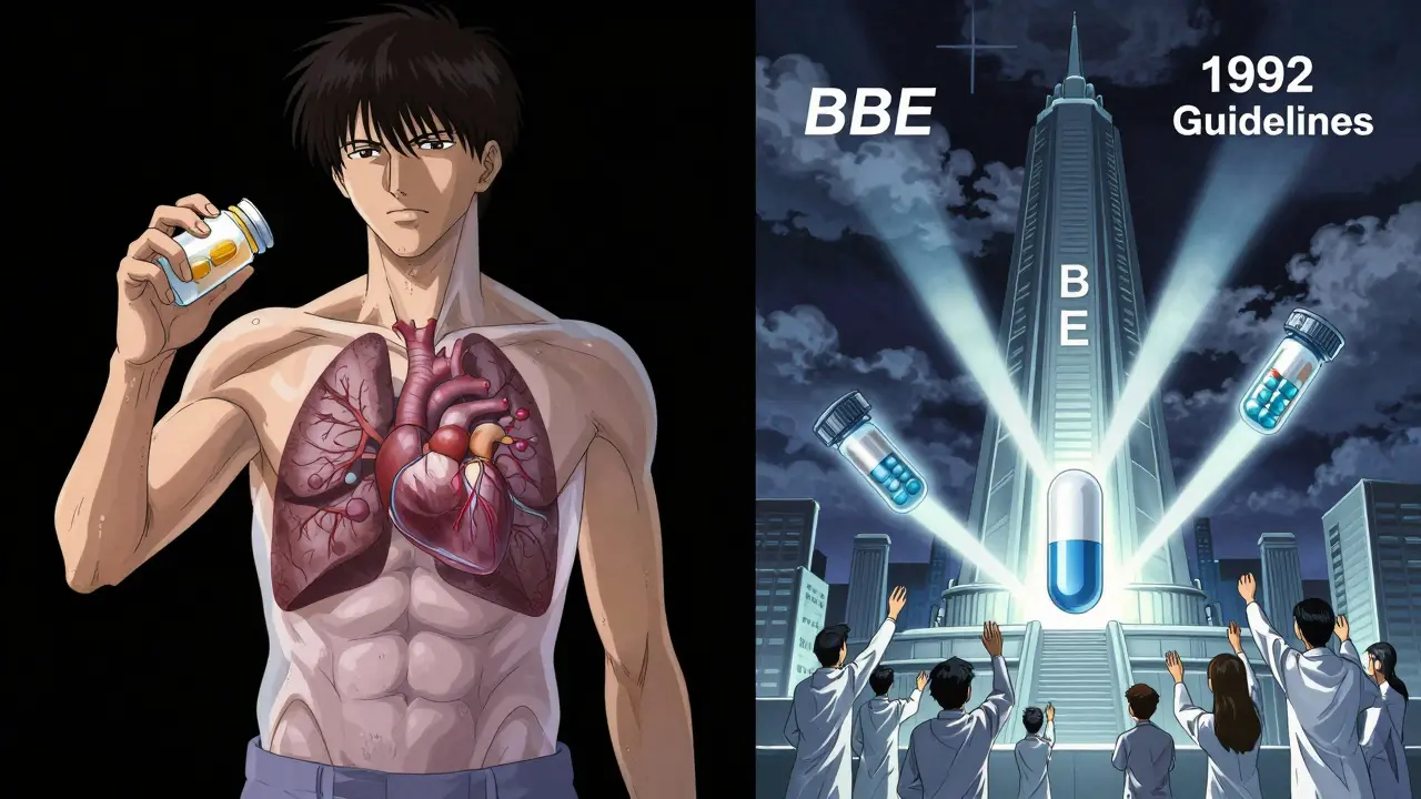 Patient with translucent body showing uneven drug flow, contrasted with a BBE statistical model emitting light.