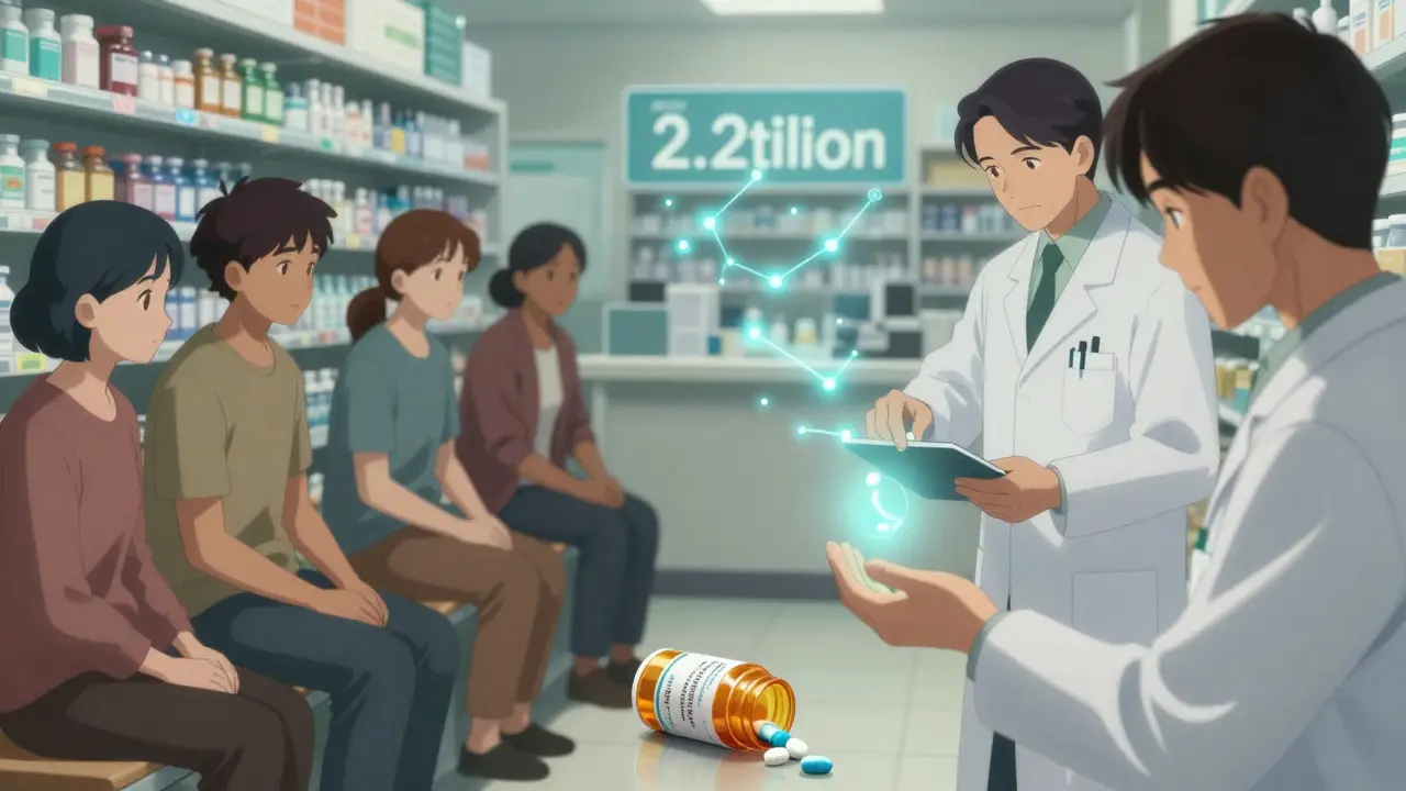 Patients receiving generic pills with savings symbolized as glowing constellations.