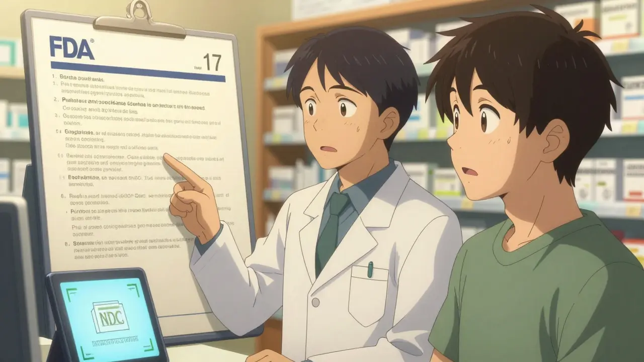 Pharmacist and patient reviewing the patient counseling section of a drug label.