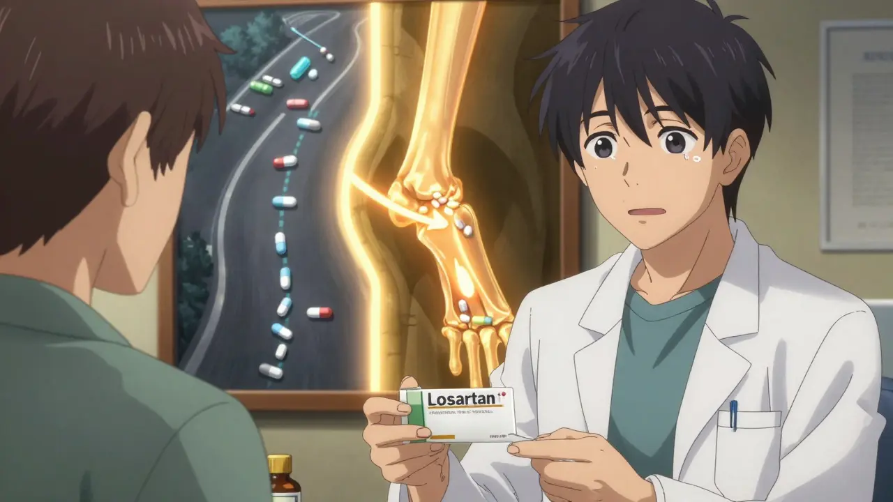 Pharmacist gives losartan prescription while mural shows two paths: one to gout, one to healthy joints.