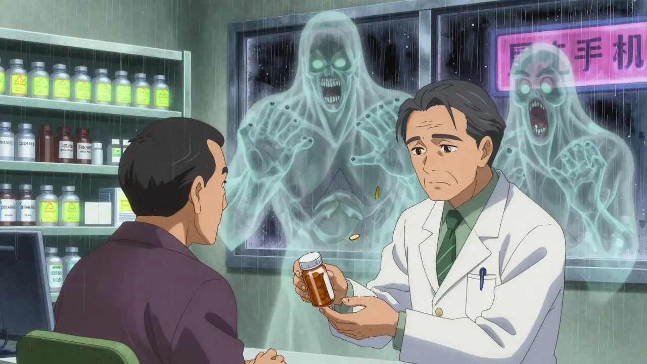 Pharmacist giving prescription as dangerous supplements loom as ghosts in a rainy pharmacy.