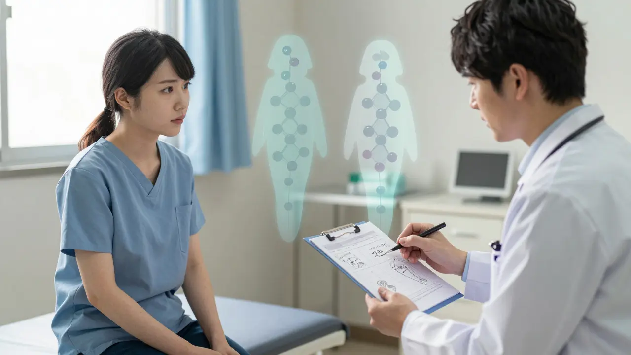 Provider explaining biosimilar to patient with translucent molecular comparison in the air.