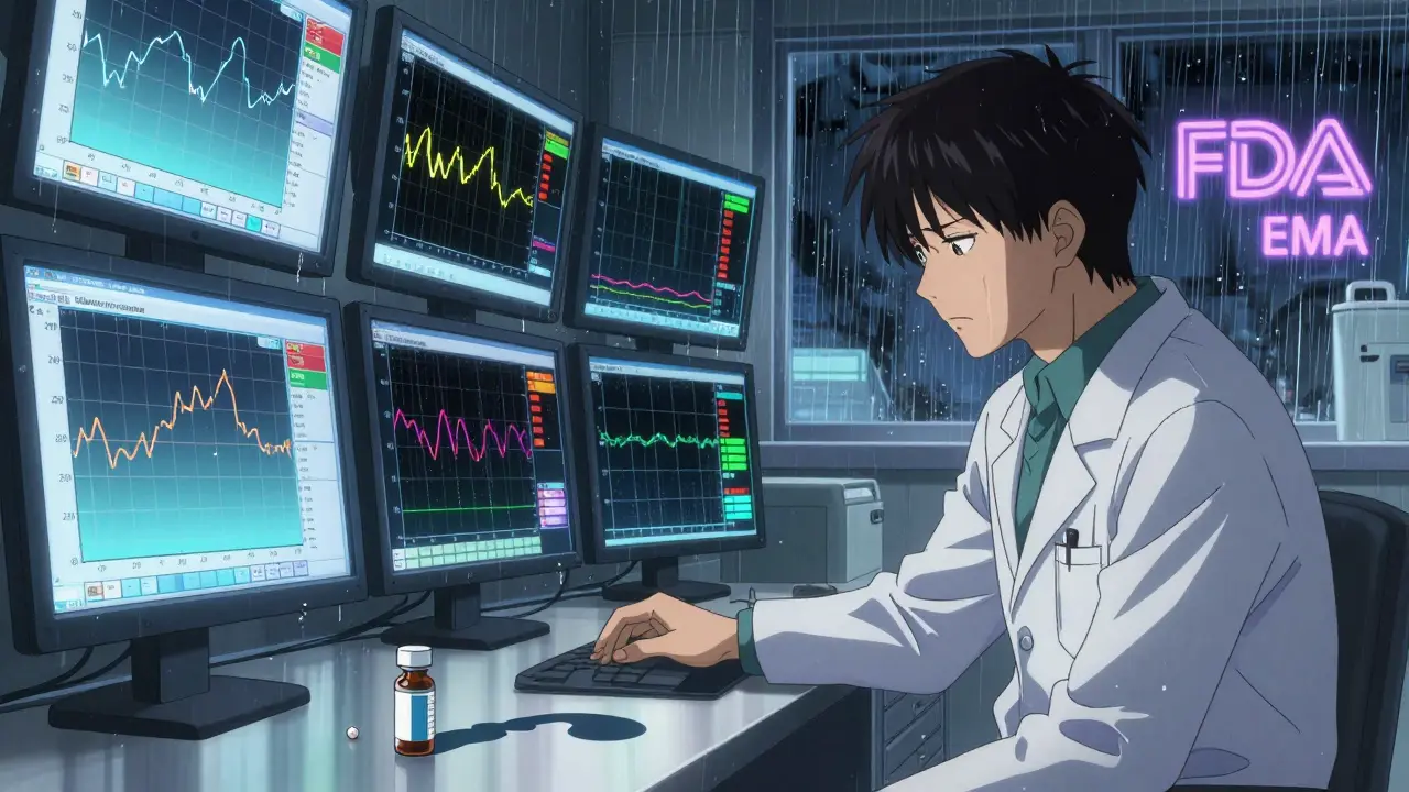 Scientist in a lab surrounded by fluctuating drug concentration graphs, a generic tablet casting a question mark shadow.