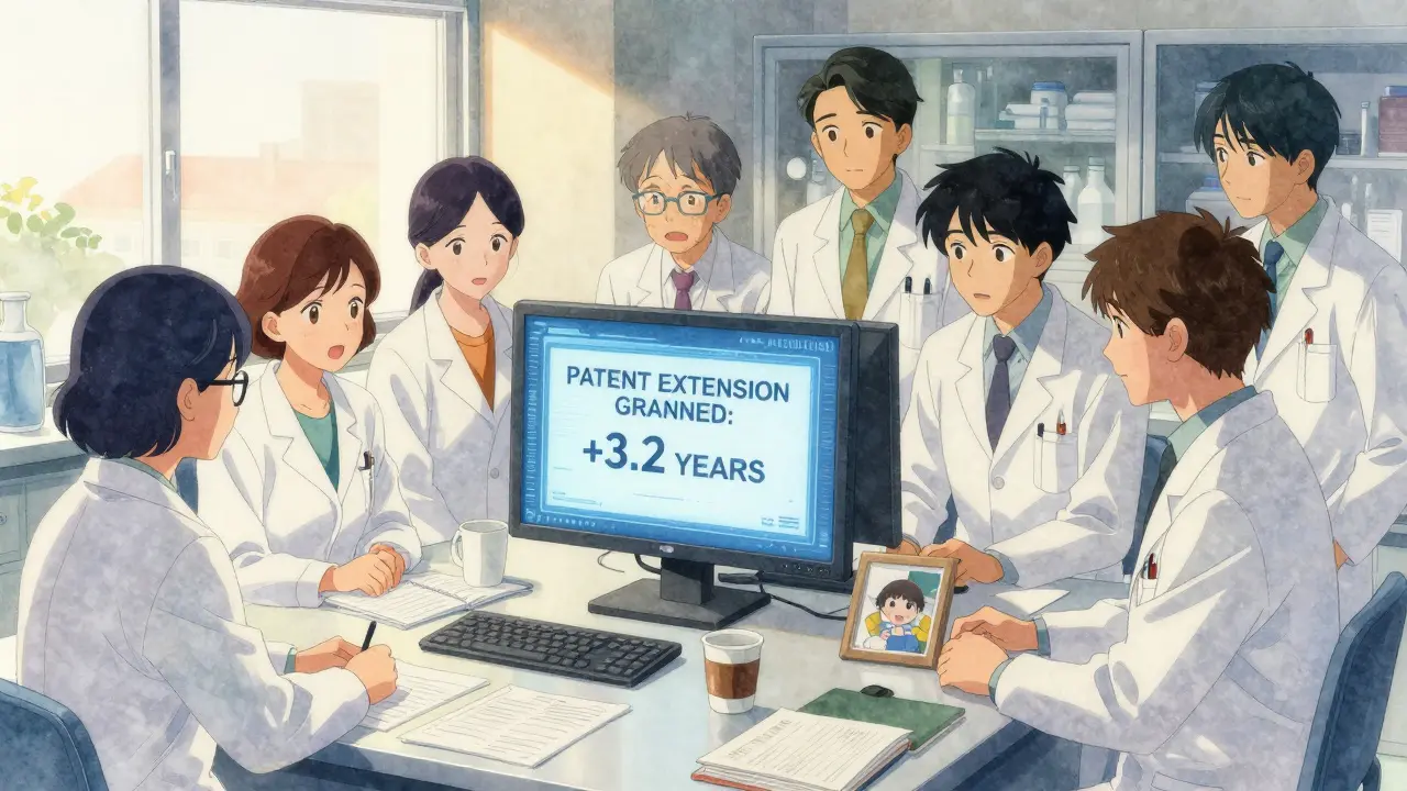 Scientists celebrate a patent extension in a quiet lab at dawn, sunlight illuminating their quiet victory.