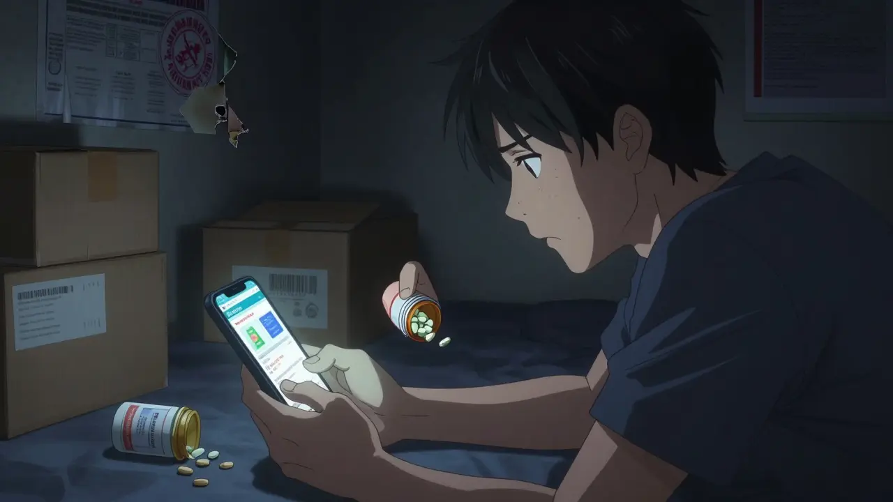 Someone stares at a suspicious online pharmacy on their phone while holding misshapen pills in their hand.