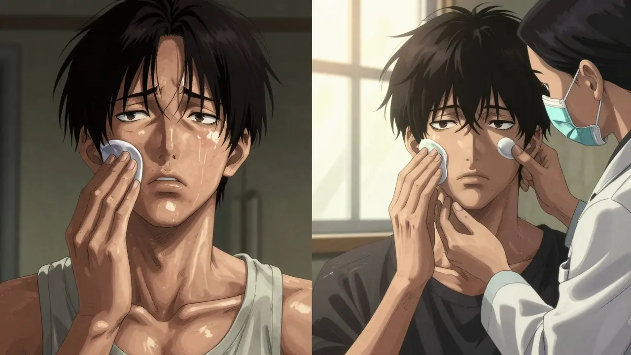 Split image: person misusing strong steroid on face vs. safely using moisturizer with doctor’s guidance.