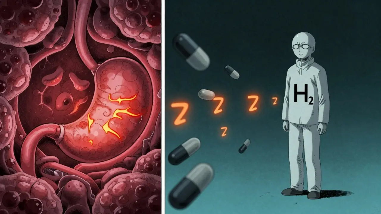 Split-panel showing PPI shutting down acid pumps while H2 blocker stands idle