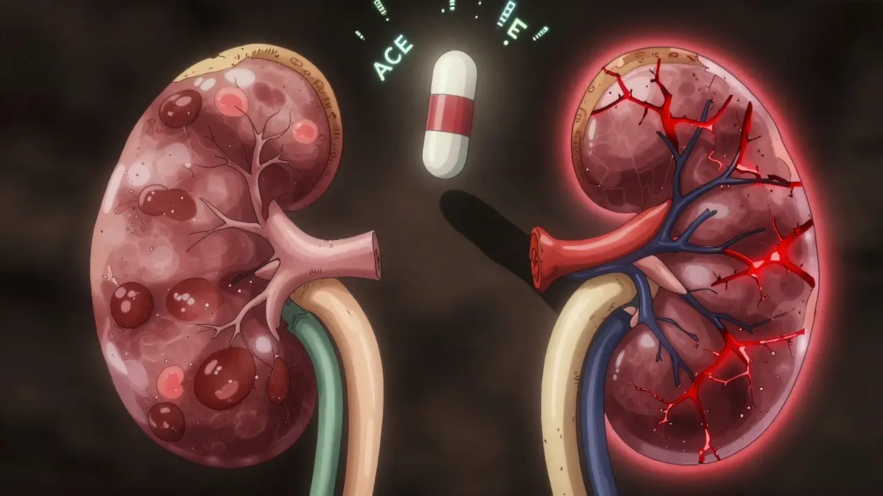 Two contrasting kidneys: one healthy, one failing from bilateral stenosis, with an ACE inhibitor pill casting a shadow.