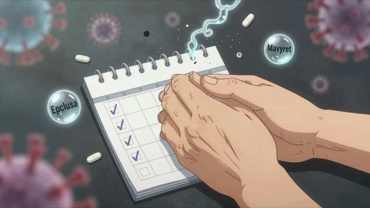 Two hands mark weeks on a calendar, with antiviral pills floating nearby as a viral chain breaks apart.