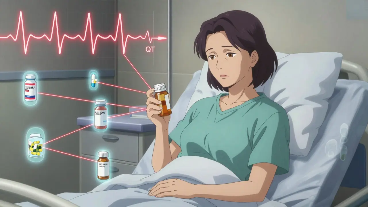 Woman holding prescription bottle surrounded by floating medication outlines forming a long QT wave on ECG.