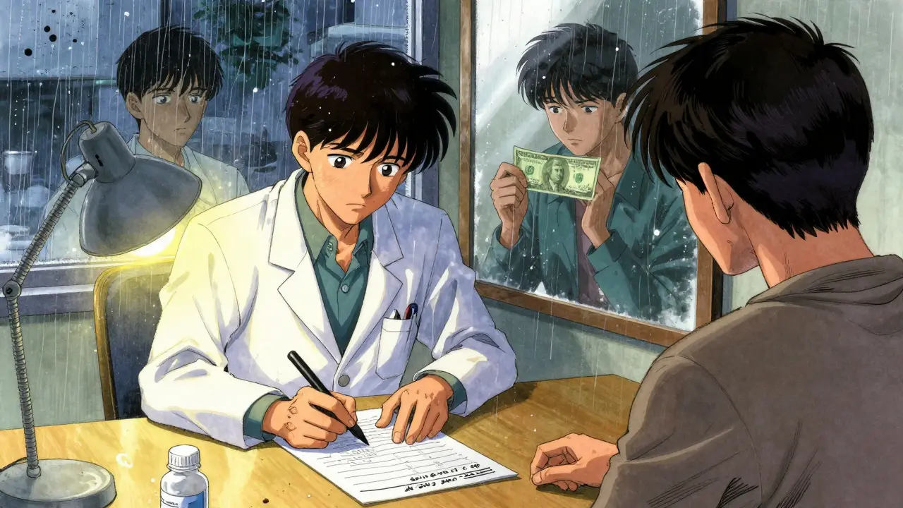 A doctor writing 'Dispense as Written' on a prescription while a patient stares at a mirror reflecting financial stress.
