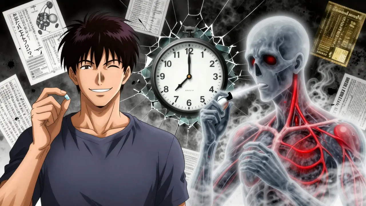 A man and his ghostly double separated by a cracked space, veins glowing crimson as nitroglycerin mist engulfs him.