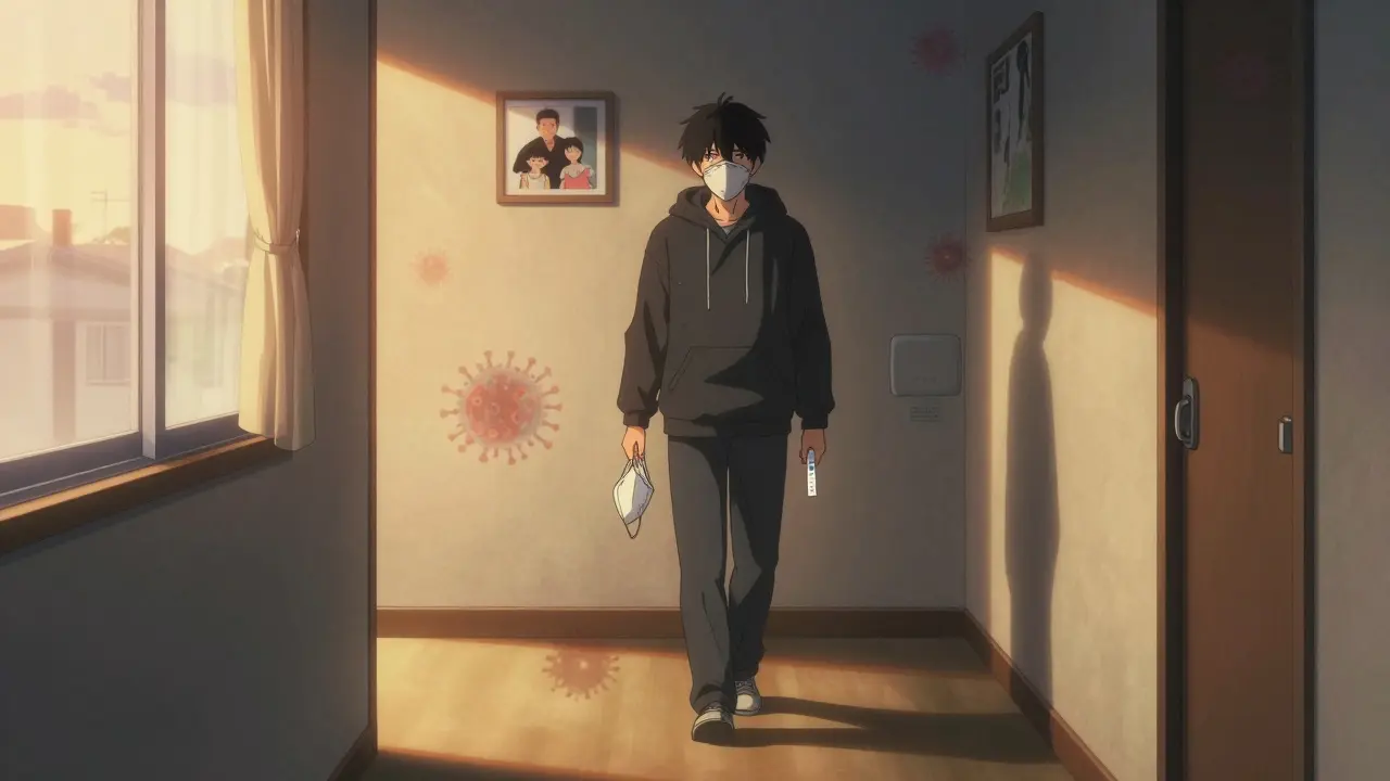 A masked individual walks past a family photo, holding a negative test and an N95 mask at dusk.