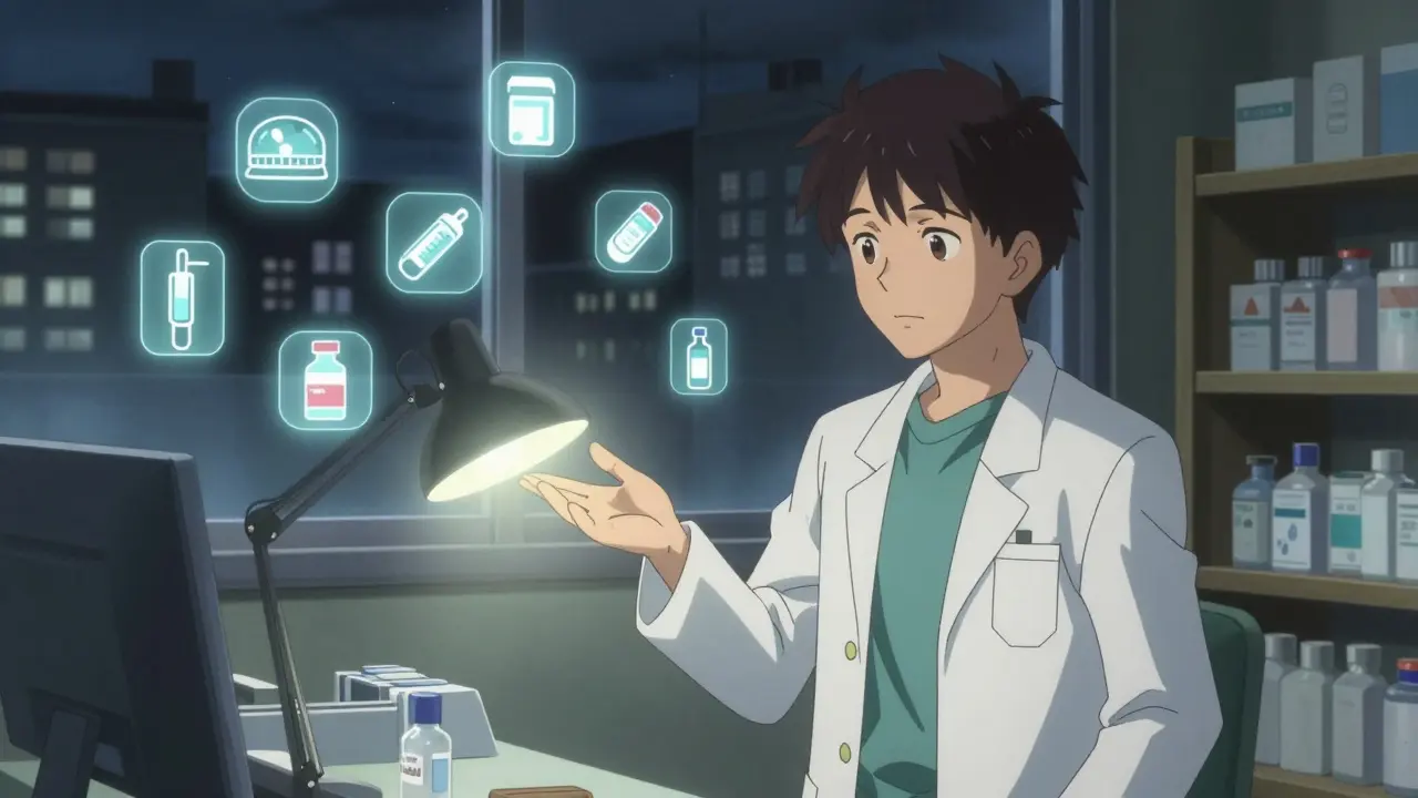 A pharmacist at night is surrounded by glowing icons of clinical services, symbolizing expanded healthcare roles.