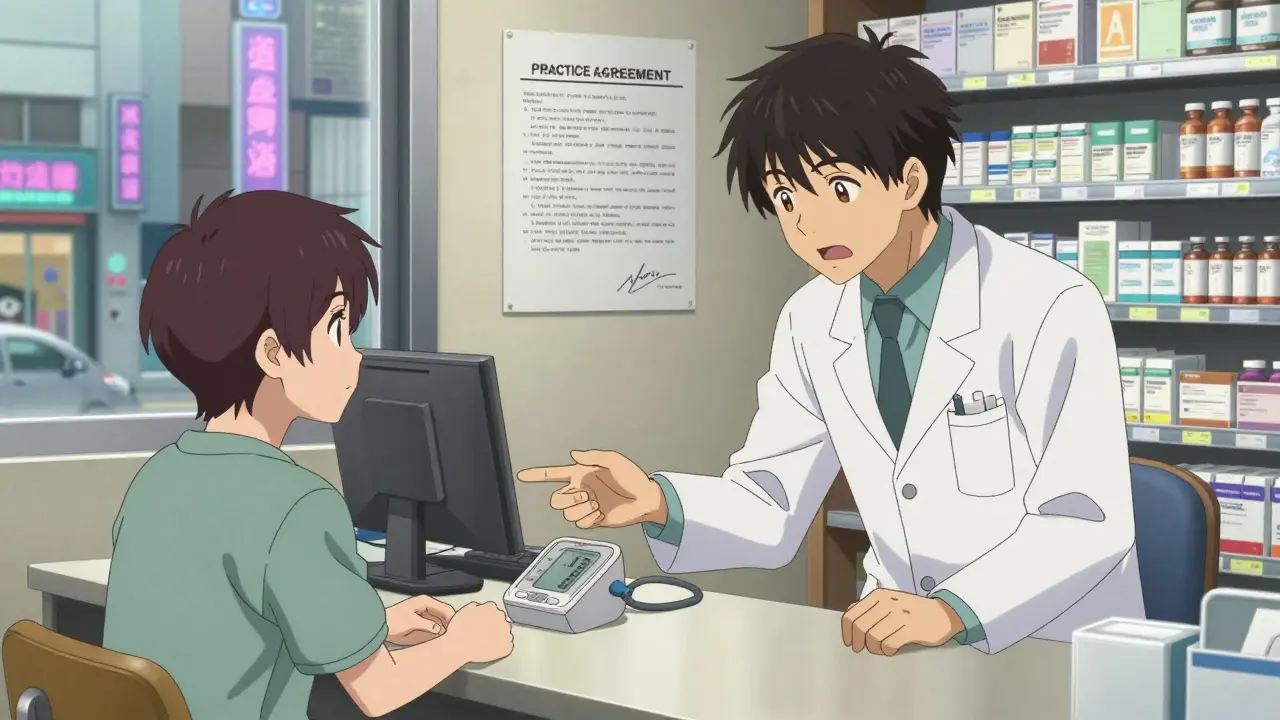 A pharmacist explains blood pressure management to a patient in a bright urban pharmacy with collaborative agreement visible.