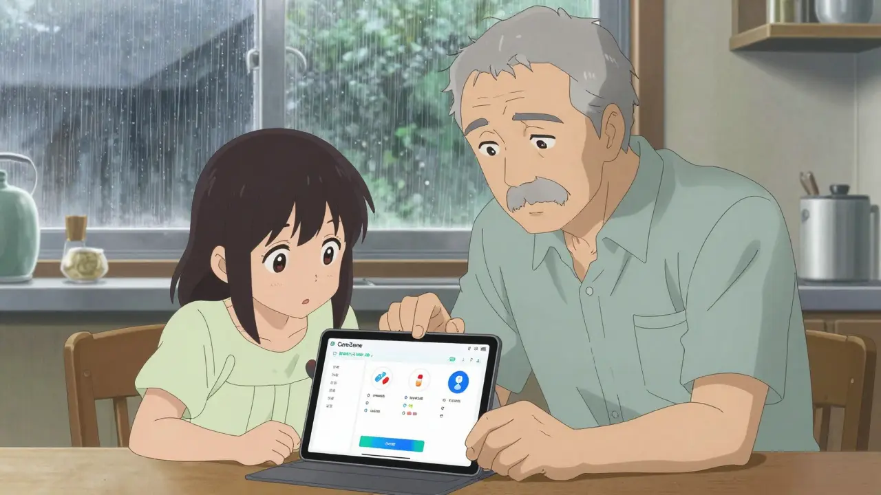 A senior man and his daughter review a medication app together at the kitchen table, rain on the window, their quiet connection conveyed through expressive eyes.