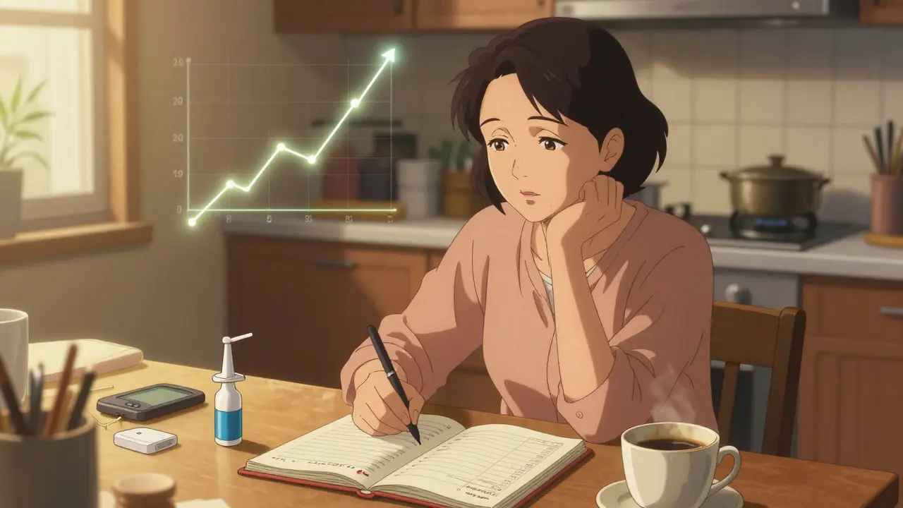 A woman reviewing a blood sugar logbook beside a glucagon spray under warm lamplight.