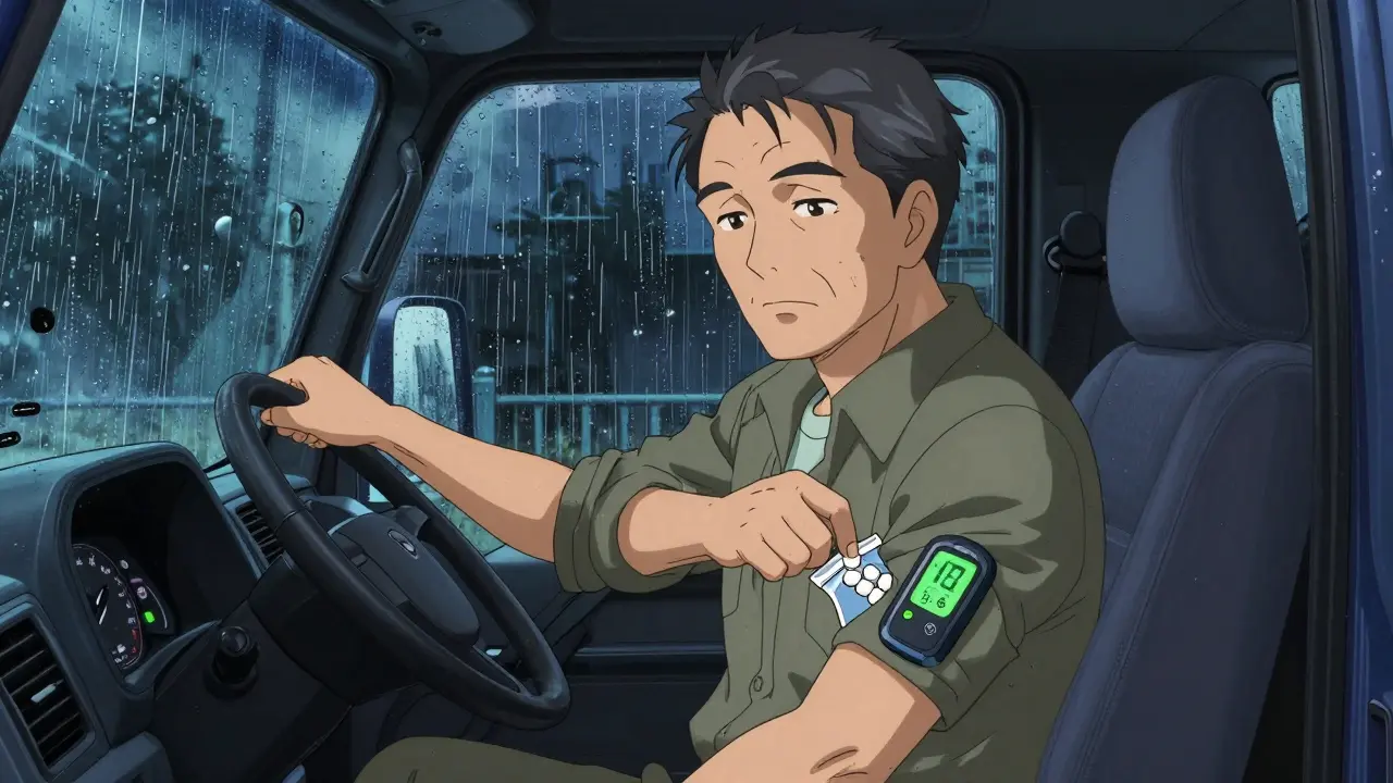 An elderly man in a truck reaching for glucose tablets as his CGM beeps during rainy weather.