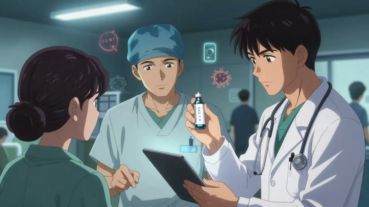 Doctors in a hospital examine dual-positive test results while holding a new antiviral medication.