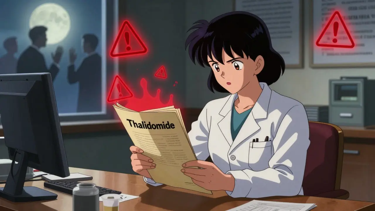 Dr. Frances Kelsey refuses to approve thalidomide, surrounded by warning symbols and pharmaceutical pressure.