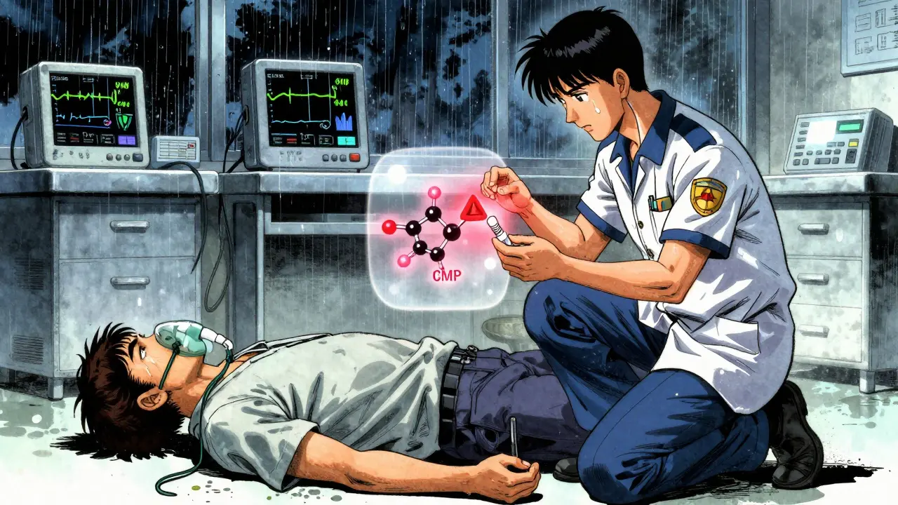 Emergency responders beside a collapsed man in a hospital, medical monitors flatline, rain outside the window.