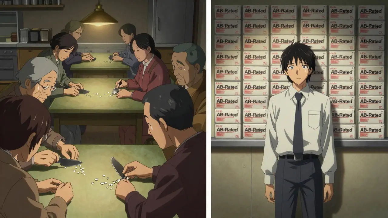 Seniors cut pills in half at home while an FDA inspector faces a wall of generic drugs, 78% marked in red.