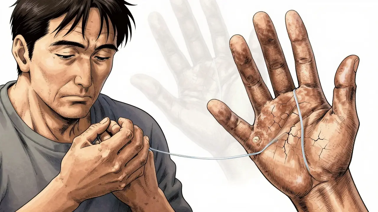 Side-by-side images of a hand showing early nodule and advanced contracture, with a ghostly familial hand overlay.