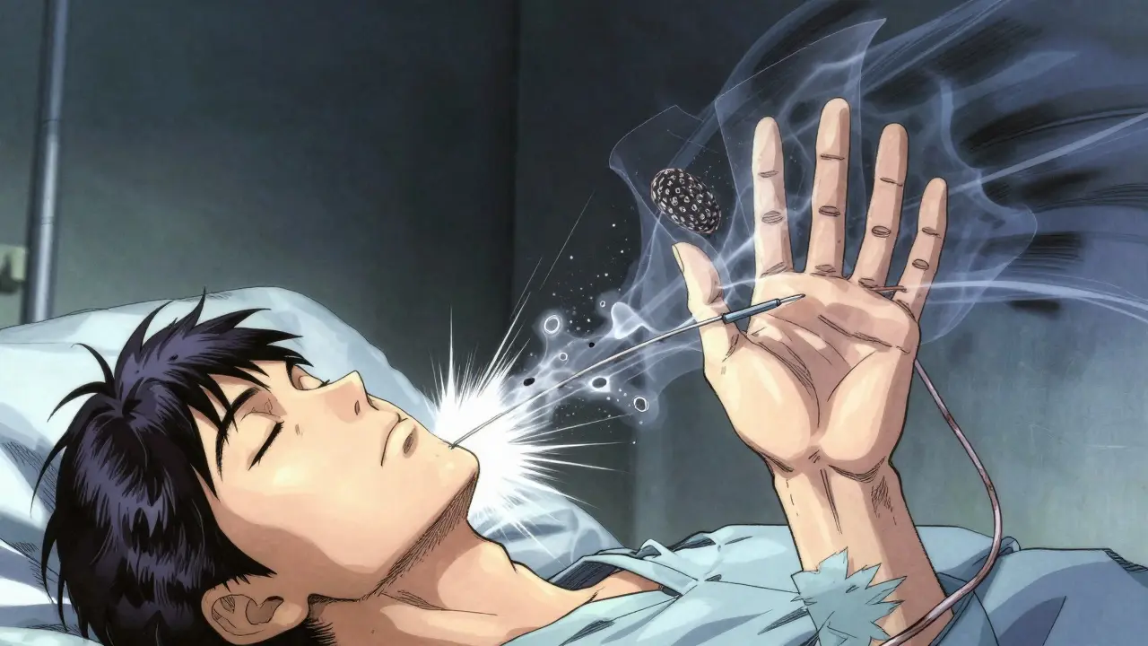 Surgeon using a needle to break a cord in the palm, with a visual effect of the finger straightening.