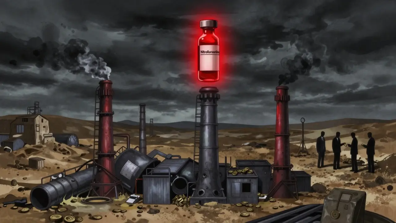 Three isolated factories loom over a glowing drug vial, with shadowy corporate figures trading coins in a desolate landscape.