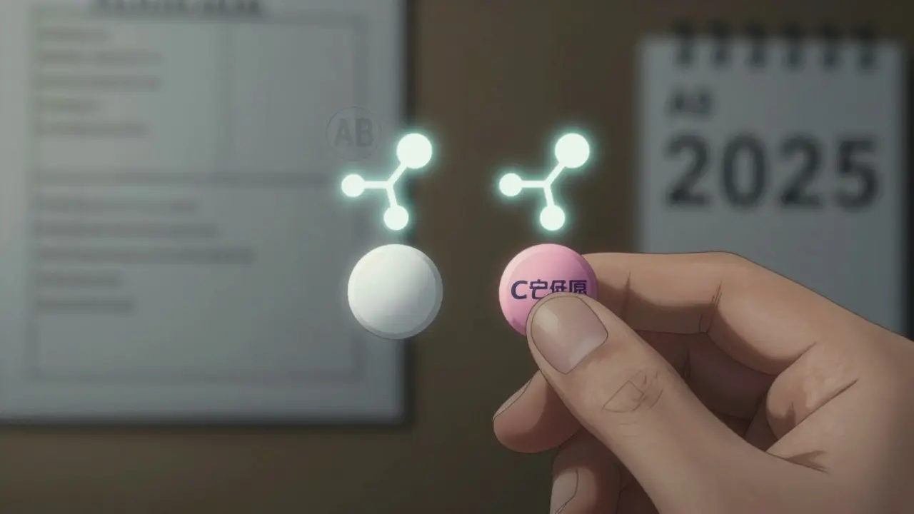 Two identical pills side by side with molecular structures floating above them, one branded, one generic, under a faint AB rating stamp.