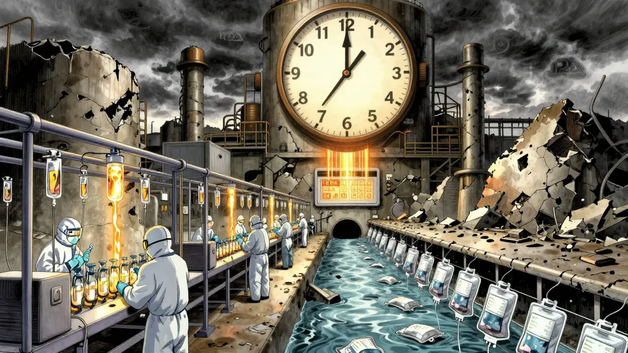 A crumbling drug factory with golden stability data flowing into the FDA's approval system above.