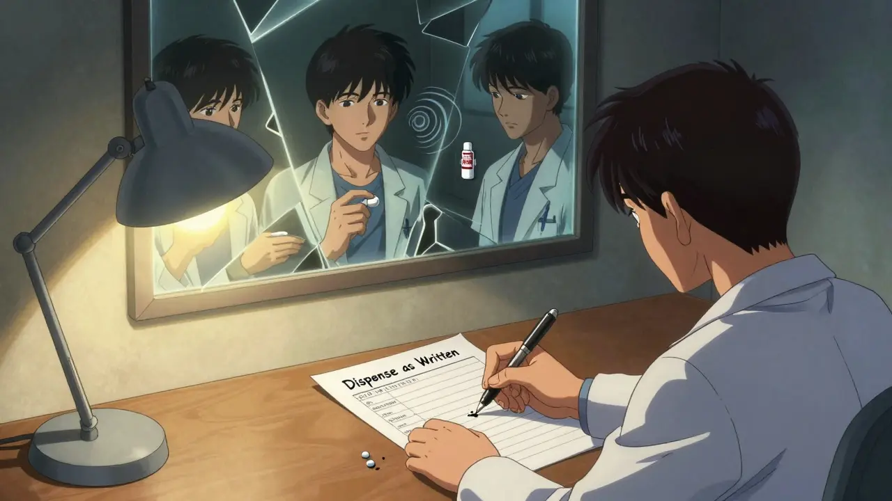 A doctor writes 'Dispense as Written' on a prescription while reflections show different patient outcomes.