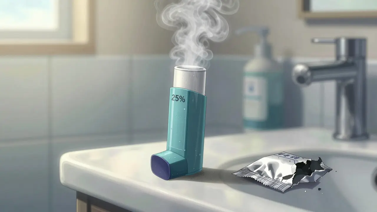 A dry powder inhaler beside a steaming shower, condensation forming on its surface as humidity rises.