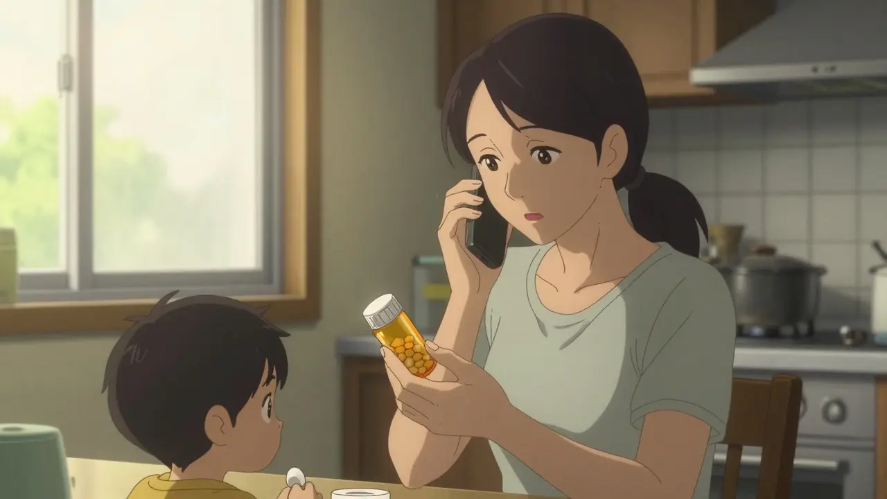 A mother calmly calling Poison Control while a child plays safely in the kitchen.